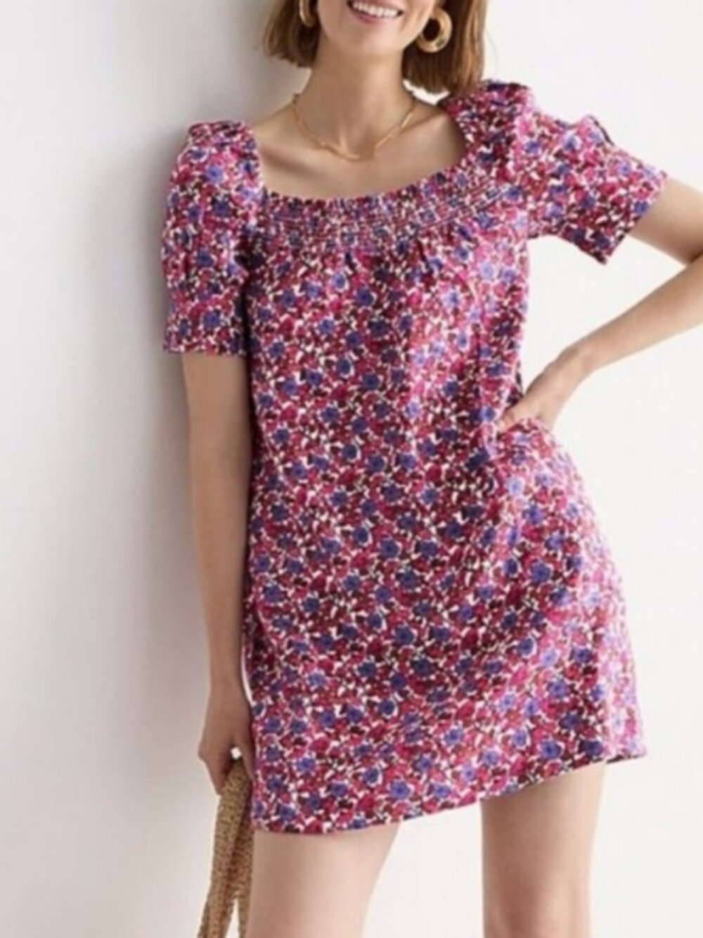 J Crew  Linen  Dress in Pink Berry Floral Puff Sleeve Smocked Pockets S